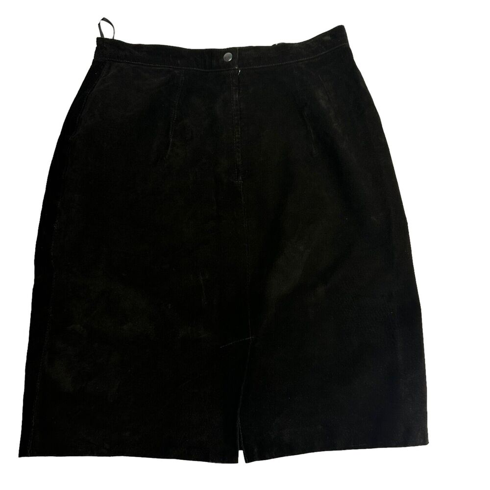 Vintage Sellecca 80s Suede Black Leather Mini Straight Pencil Skirt Size 12